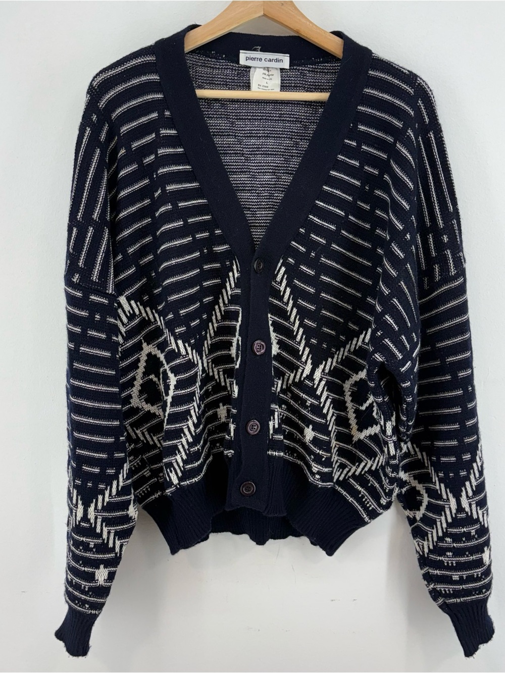 Vintage Pierre Cardin Navy and Cream Geometric Button-Front Cardigan Size Large